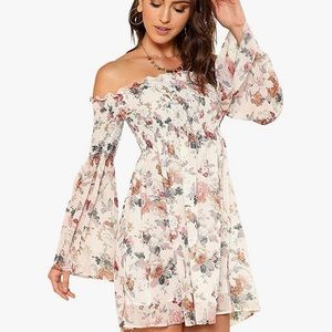 Casual Floral Print off shoulder Trumpet Swing Dress